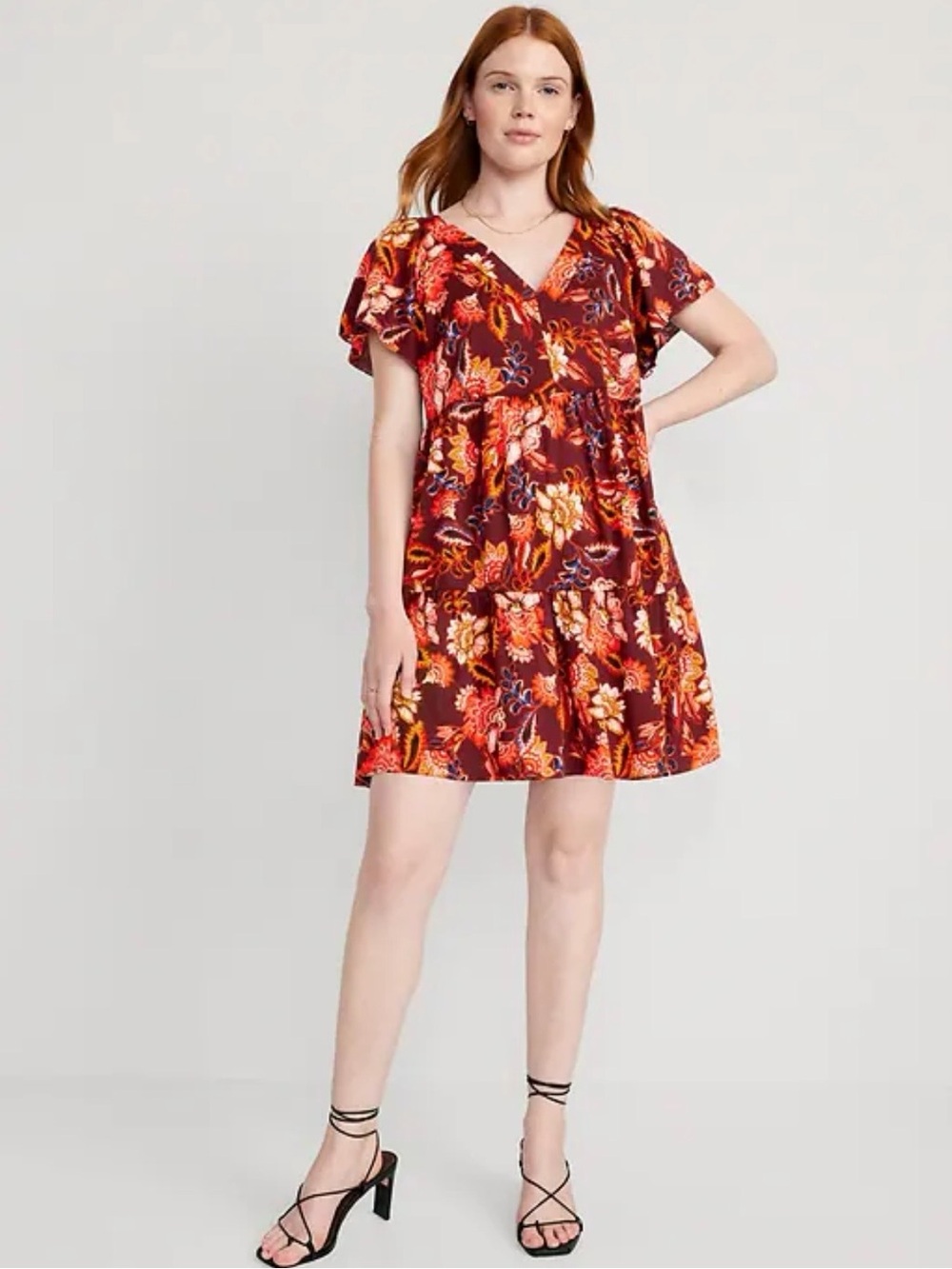 Old Navy Burgundy Floral V-Neck Tiered Mini Dress